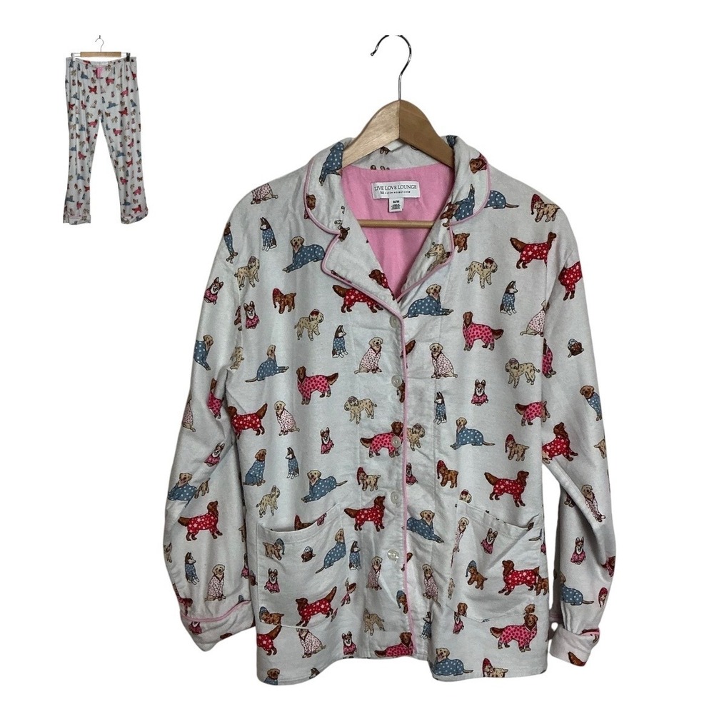 Live Love Lounge Women Medium Flannel Pajamas PJ Set Pockets Dogs
